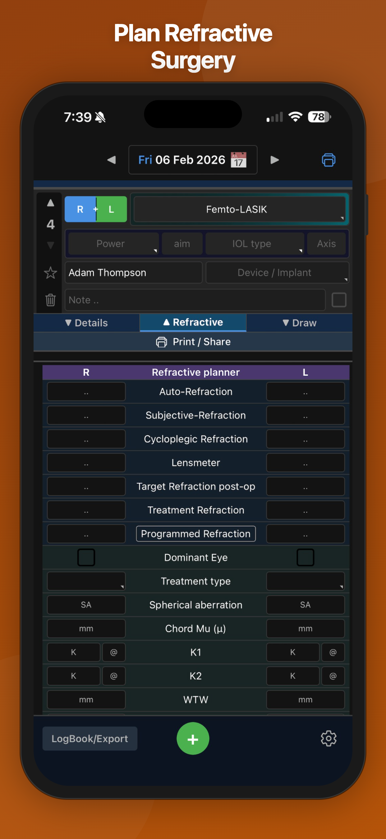 EyeList refractive planner screenshot